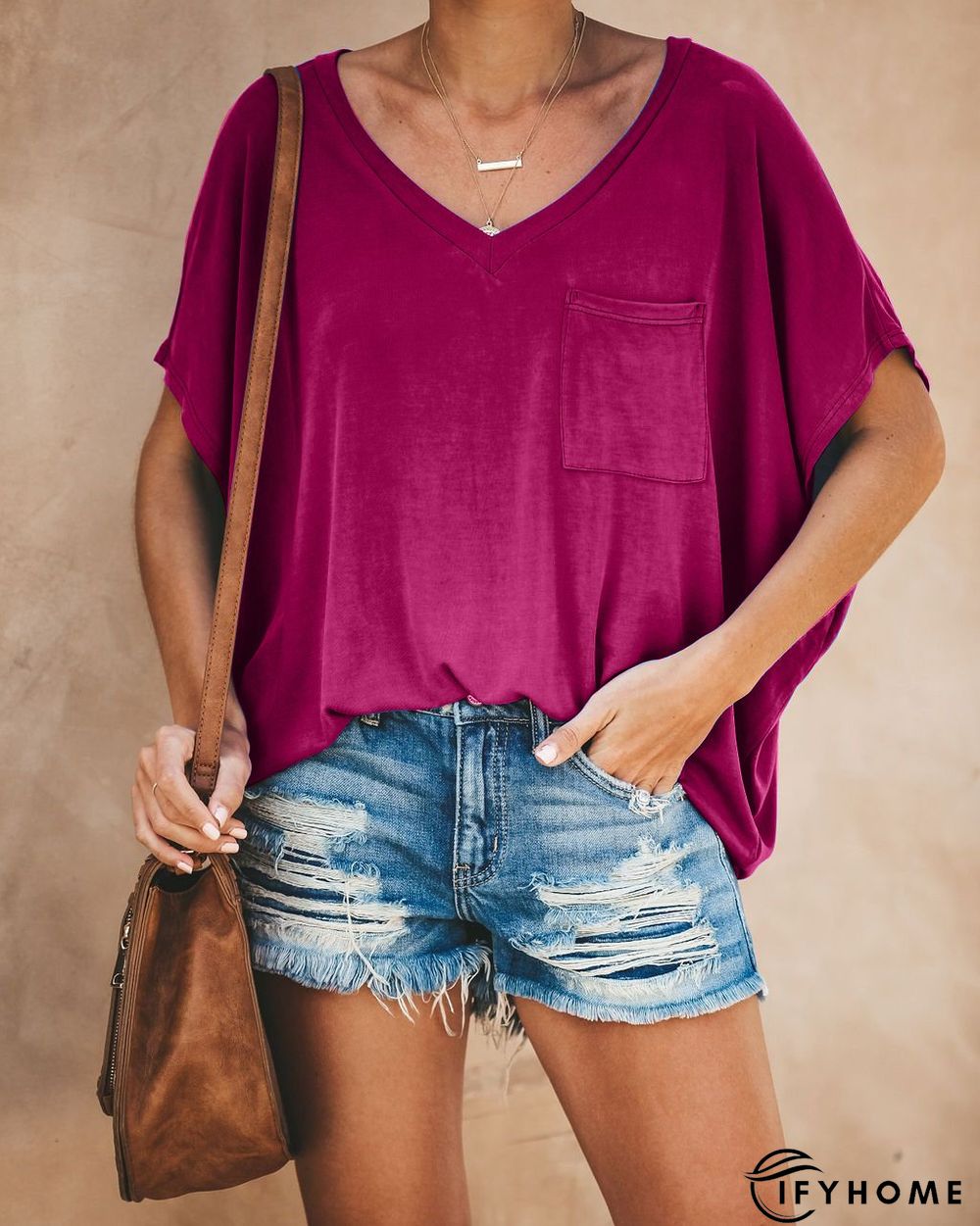 V-Neck Pockets Basic Summer Tee Solid Top | IFYHOME