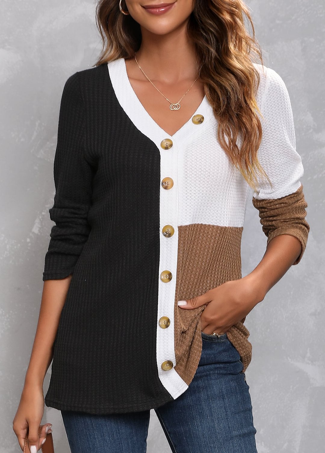 Black Contrast 3/4 Sleeve V Neck T Shirt