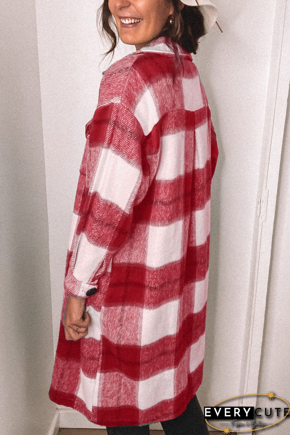 Red Shirt Collar Button Closure Plaid Coat
