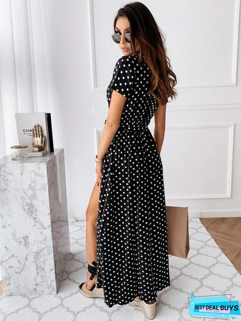 Women's Wrap Dress Maxi Long Dress - Short Sleeve Polka Dot Print Summer V Neck Hot Casual Sexy Black Blue Blushing Pink Dark Green Black Dresses