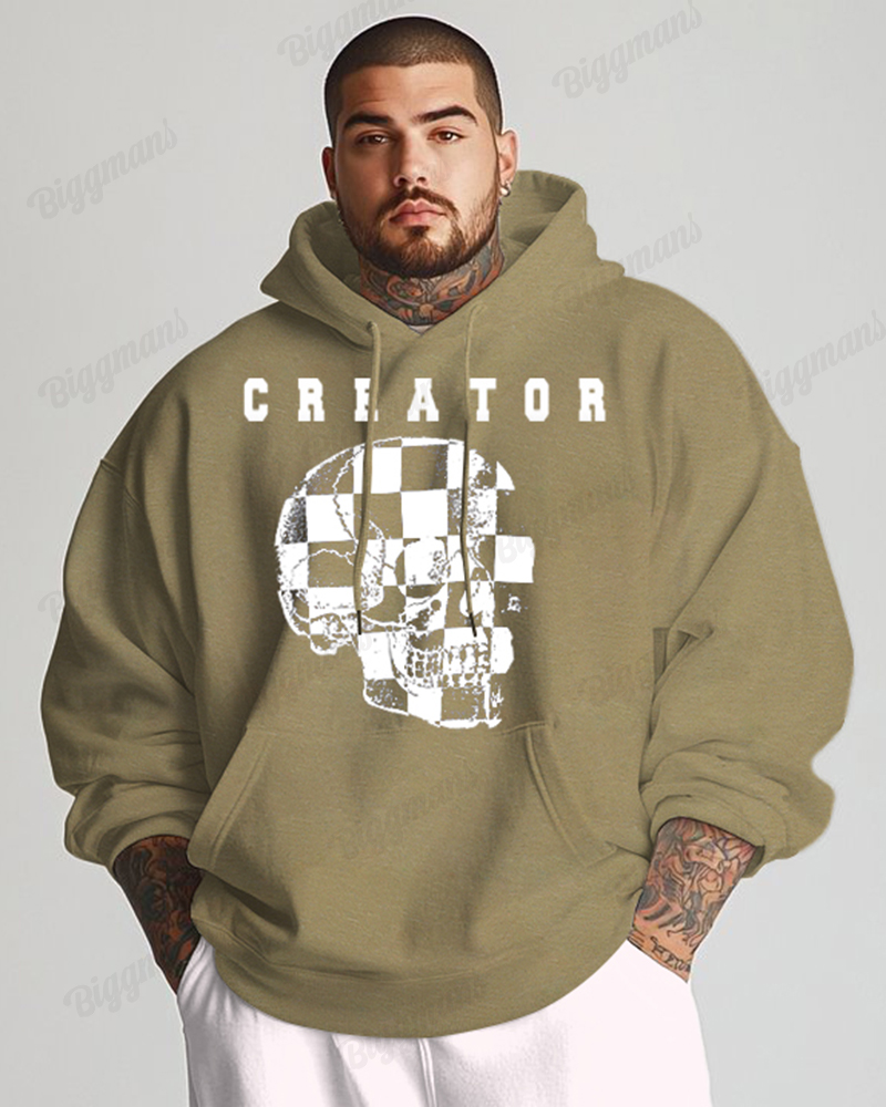 Cotton-checkerboard Design Skull Print Big Men's Loose Sweater