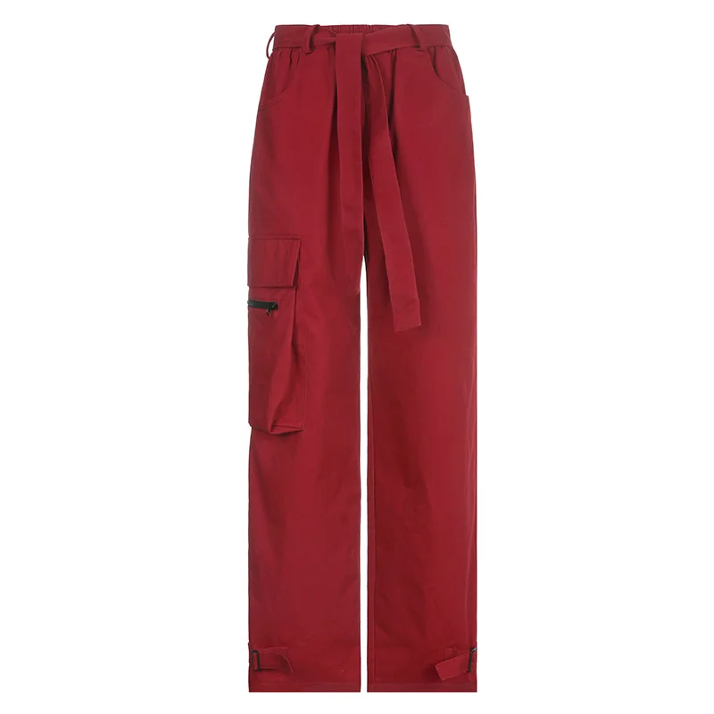 WIDE BELTED RED CARGO PANTS