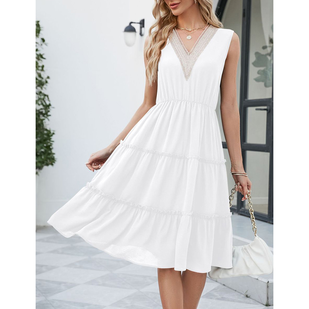 White Lace V Neck Tiered Sleeveless Casual Dress