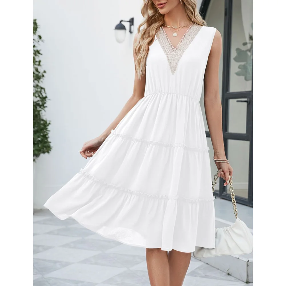 White Lace V Neck Tiered Sleeveless Casual Dress