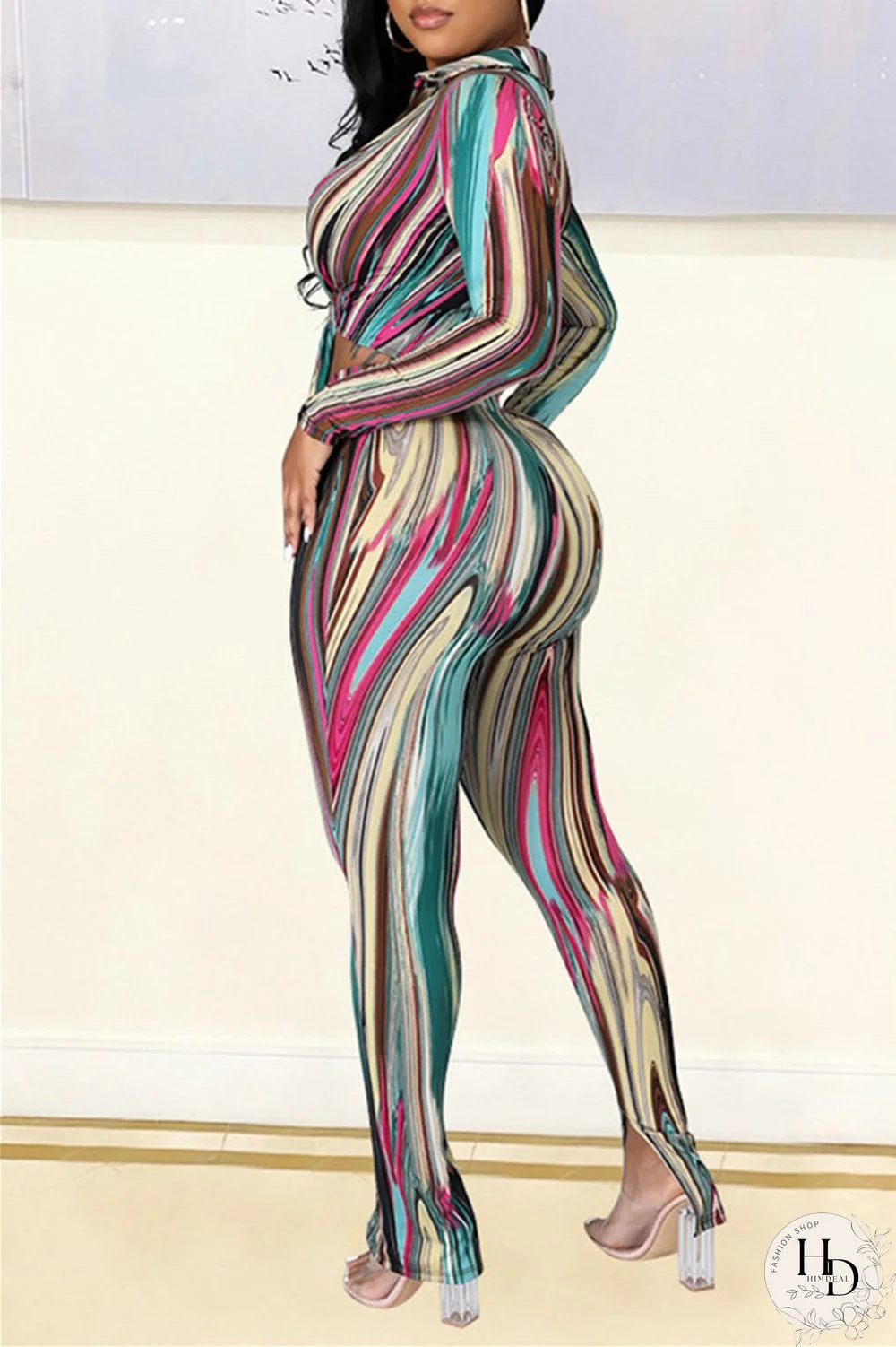 Rose Red Blue Sexy Casual Print Bandage Turndown Collar Long Sleeve Two Pieces