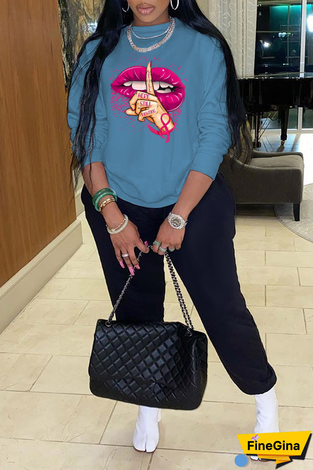 Blue Casual Street Lips Printed Patchwork O Neck Tops