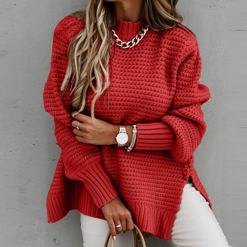 Autumn and Winter New Semi-high Collar Loose Solid Color Long-sleeved Sweater Women - VSMEE
