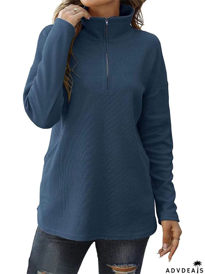 Winter Daily Zipper Long Sleeve Women Tops with Pockets