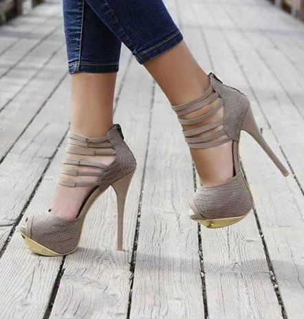 Women's Vita Grey Peep Toe Stiletto Heel  Ankle Strap Sandals |FSJ Shoes