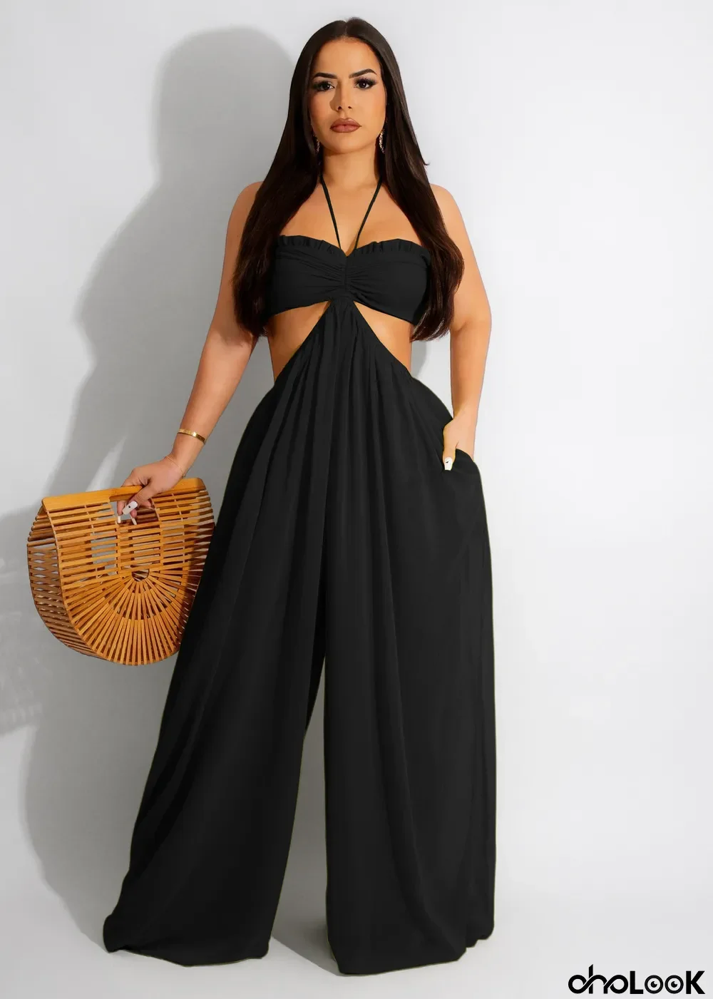 Women sexy chiffon wrap chest backless wide feet Jumpsuit