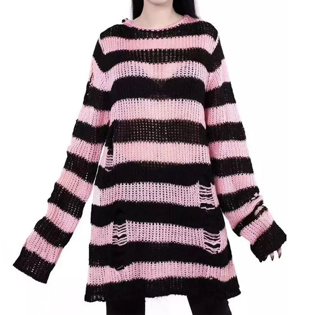 Graduation Gifts  Women Punk Gothic Striped Hollow Out Sweater Color Block Long Sleeve Ripped Oversized Pullovers Retro Casual Knitted Jumpers