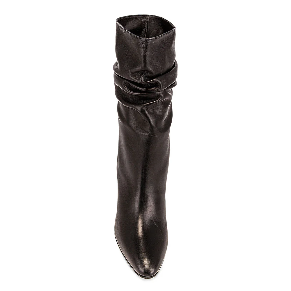 Black Vegan Leather Slouch Mid Calf Boots with Chunky Heels