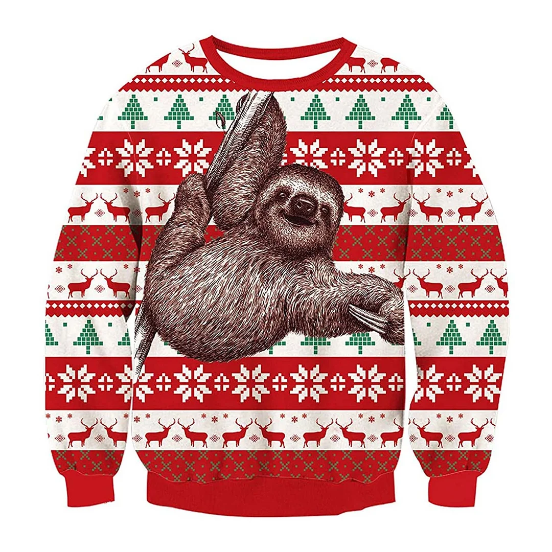 Unisex Sloth Climbing Print Crew Neck Ugly Christmas Sweatshirt