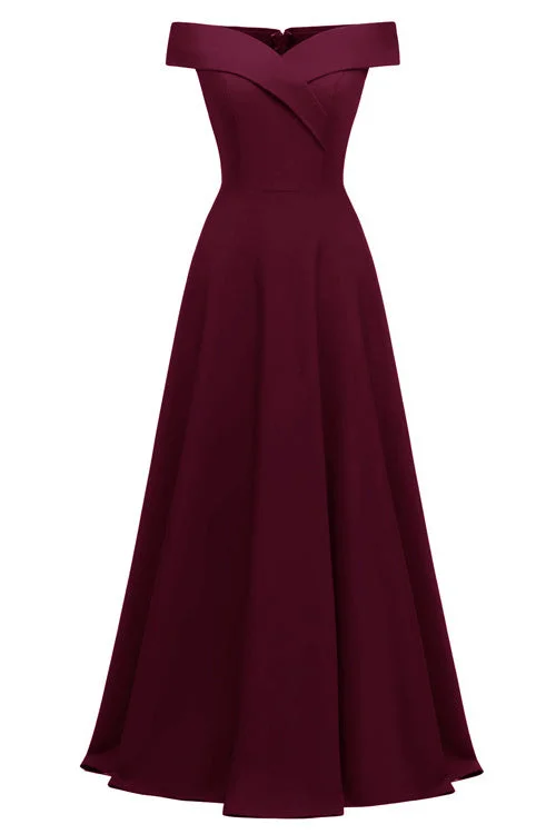 Burgundy A-line Off-the-shoulder Long Formal Dress