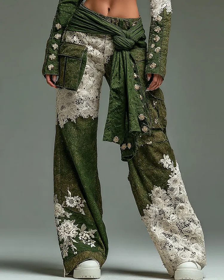 Women's Spring Floral Embroidered Lace Patchwork Design Trousers  2644