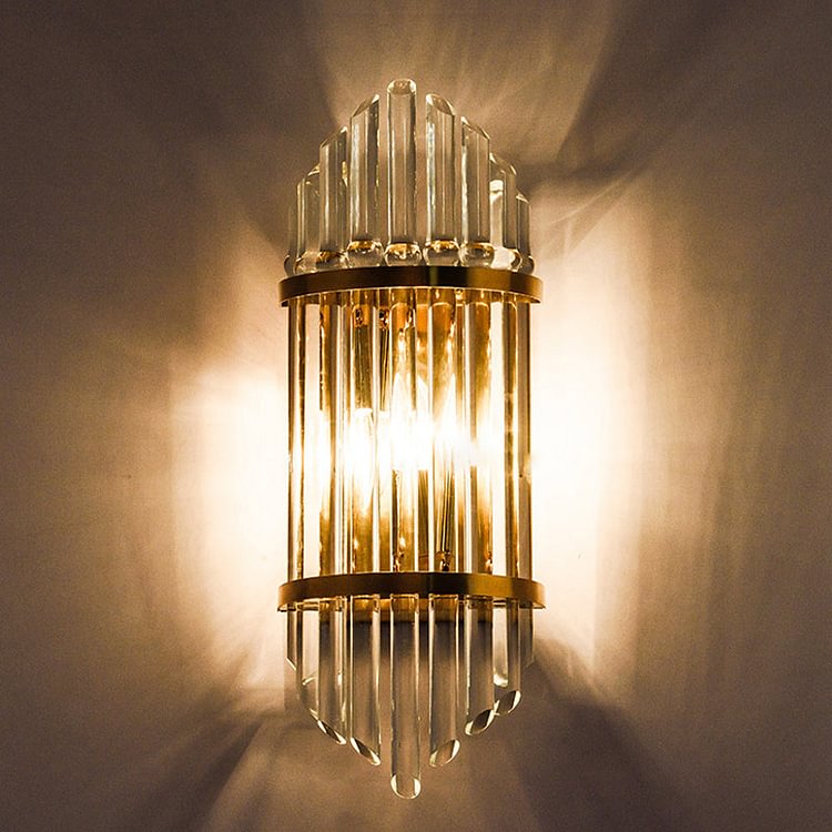 Fluted Clear Crystal Sconce Light Minimalist 2 Lights Gold Finish Banded Indoor Wall Lighting