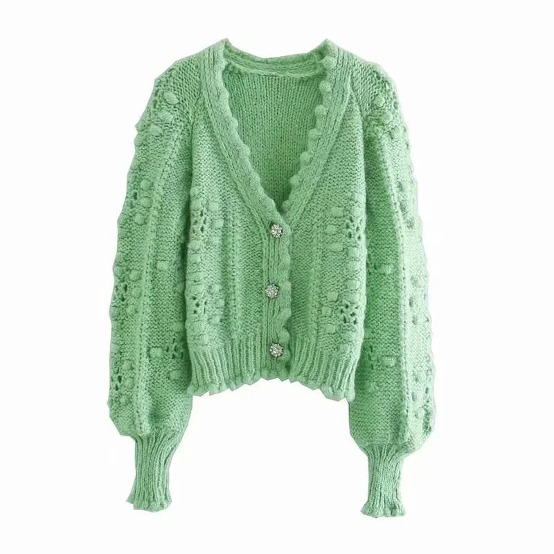TRAF Women Fashion With Gem Buttons Pompom Detail Knit Cardigan Sweater Vintage Long Sleeve Female Outerwear Chic Tops