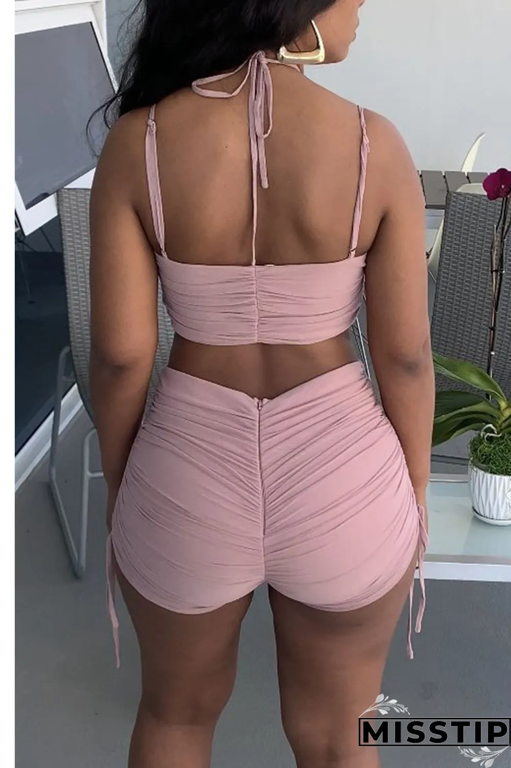 Pink Casual Solid Patchwork Fold Spaghetti Strap Sleeveless Two Pieces