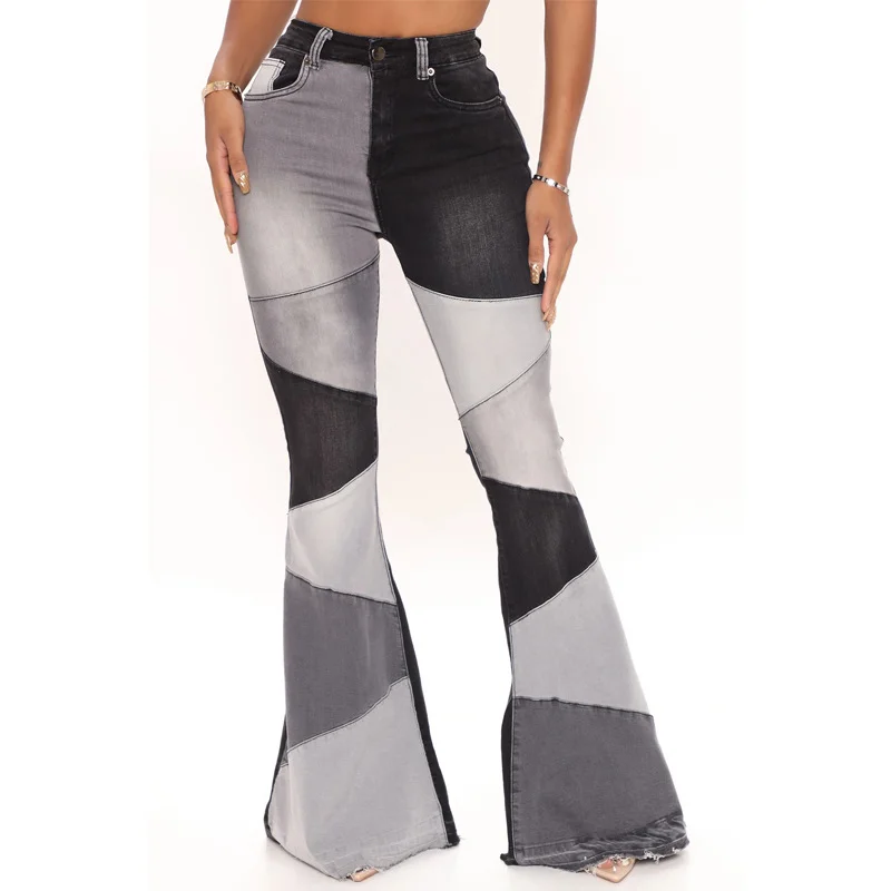 Women's Patchwork Denim Jeans Wide Leg Splice Flared Jeans