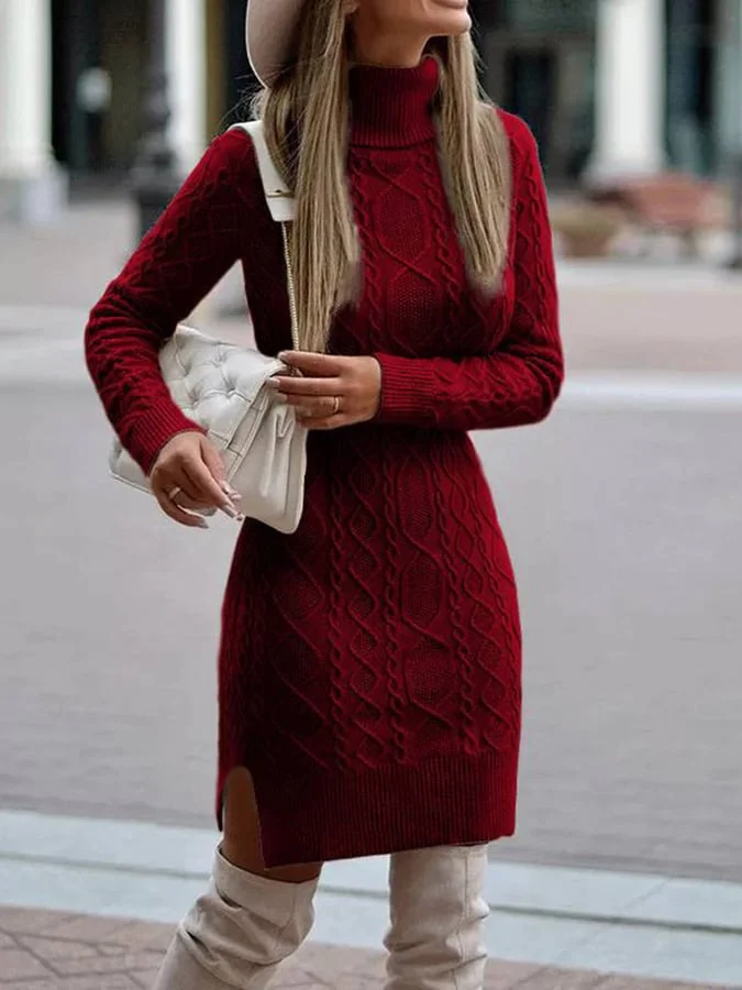 Fashion Cable-Knit Slim High Neck Sweater Dress socialshop