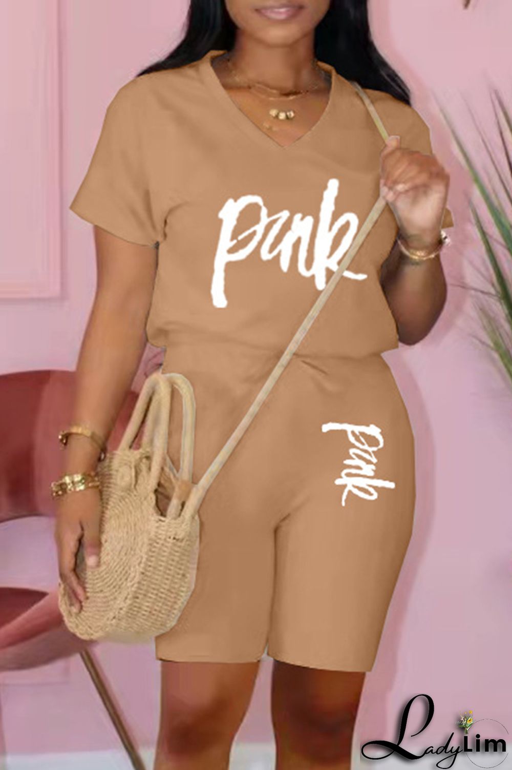 Black Fashion Casual Letter Print Basic V Neck Short Sleeve Two Pieces