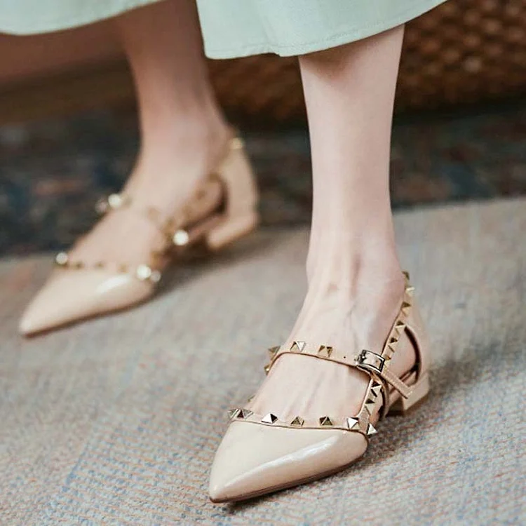 Nude Studded Block Heel Pointed Toe Pump Shoes Vdcoo