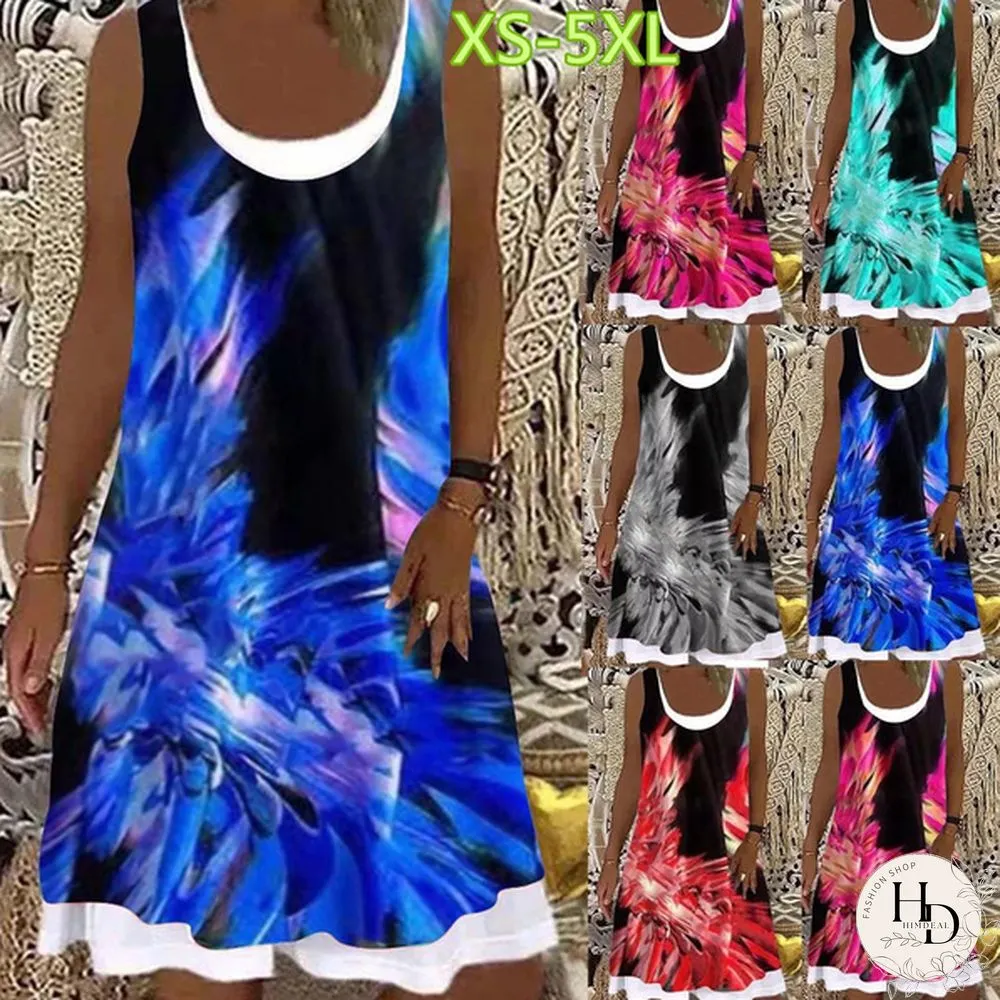 Womens dress summer new fashion flame fake two-piece printed casual sleeveless Round-neck