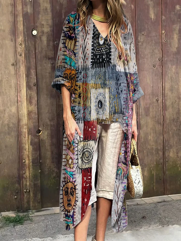Women's Vintage Patchwork Art Print V-Neck Cotton Short Sleeve Dress