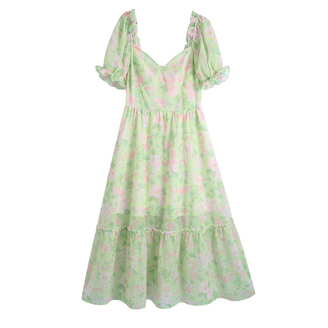 Spring Women's Clothing Puff Sleeve Chiffon Printed Dress