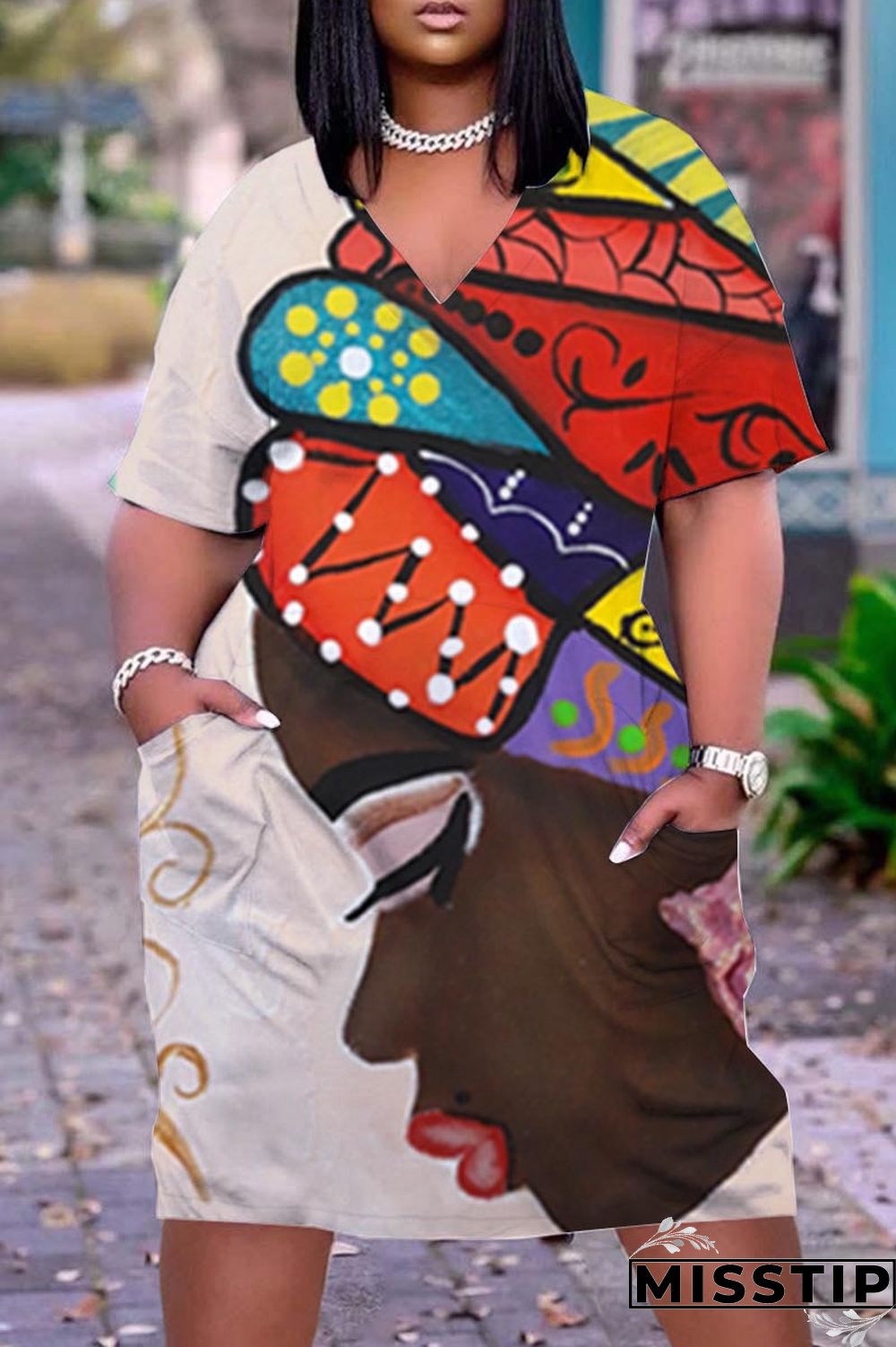 Black Casual Print Patchwork V Neck Straight Dresses