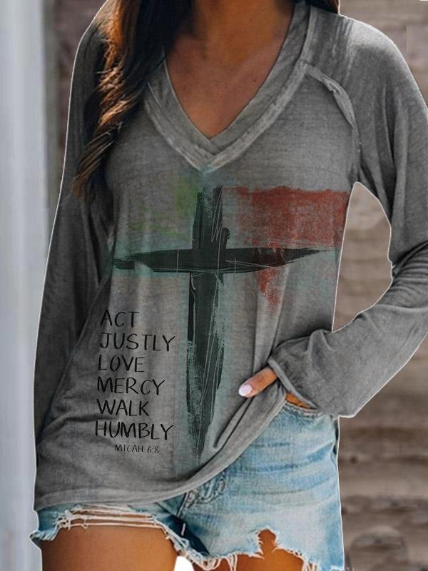 Ladies Art Cross ACT JUSTLY LOVE MERCY WALK HUMBLY printed v-neck casual long-sleeved T-shirt