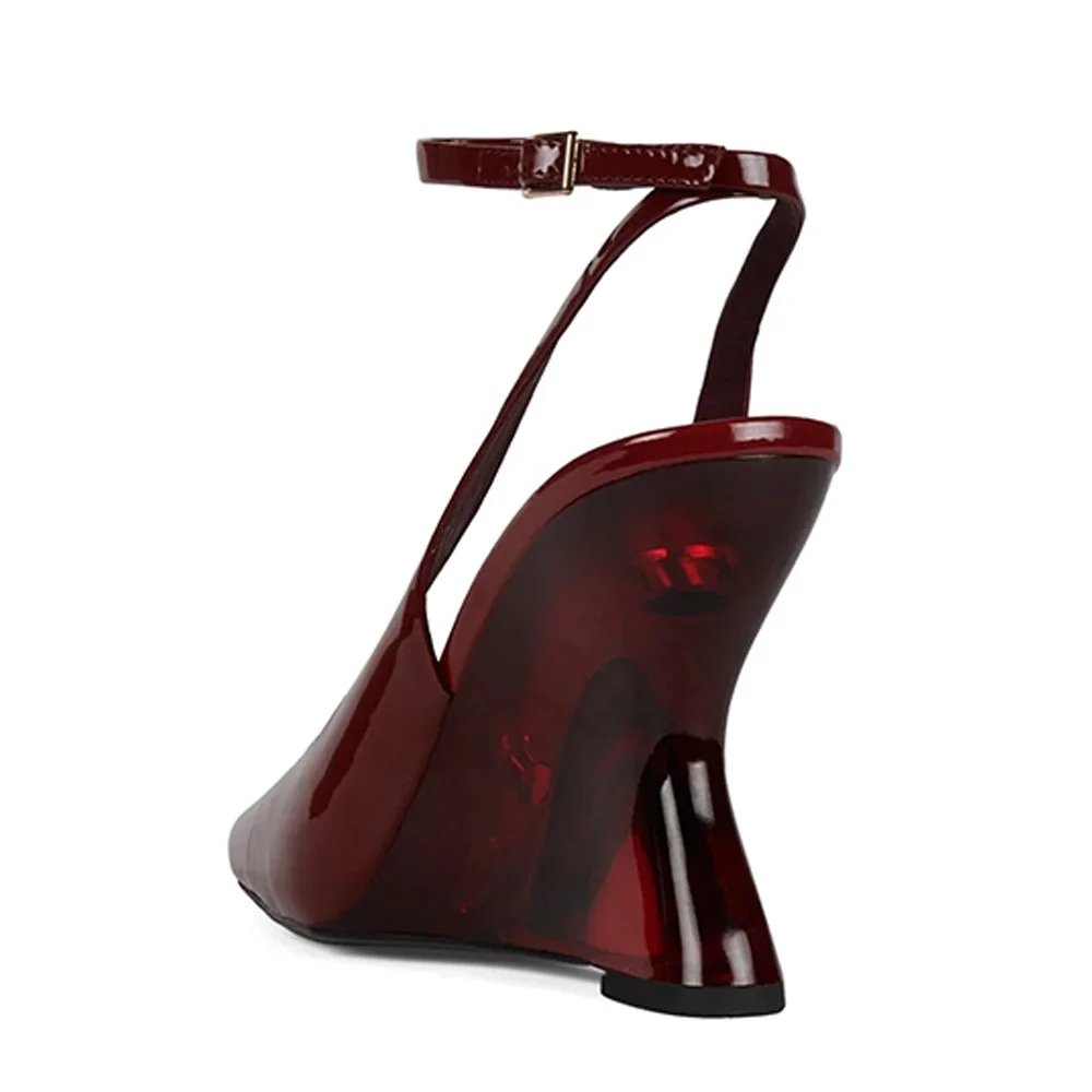 Women's Square Toe Slingback Ankle Strap Buckled Maroon Pumps Heels