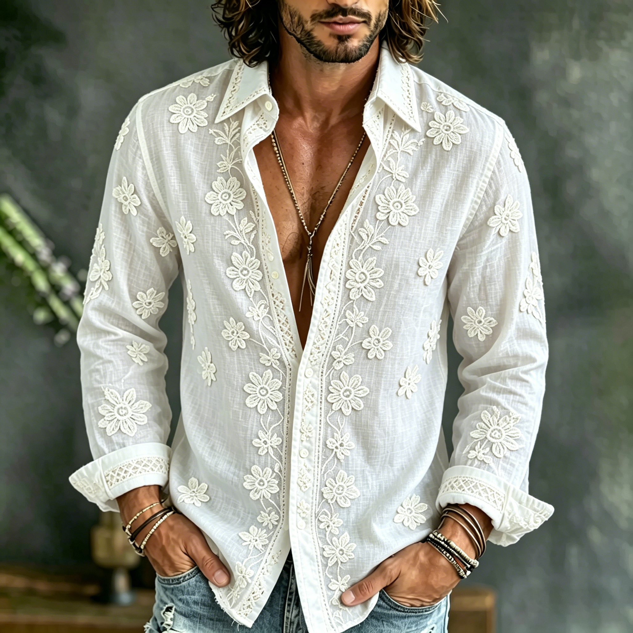 Men's Causal Spring Floral Art Print Flowy Linen Blend Shirt  artssus