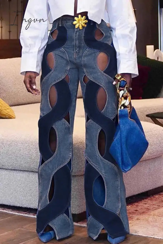 Ingvn - Street Solid Hollowed Out High Waist Straight Denim Jeans Navy Blue / S Denim/Jeans