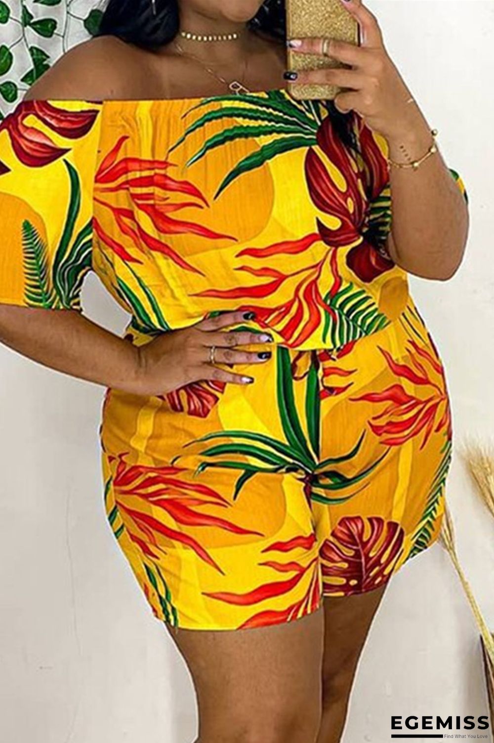 Yellow Fashion Casual Print Basic Off the Shoulder Plus Size Romper | EGEMISS