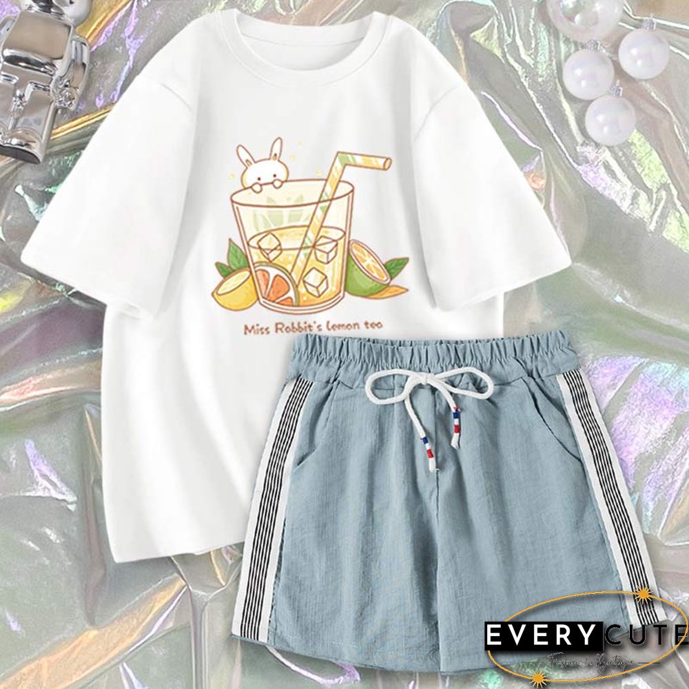 Cartoon Print Casual T-Shirt Shorts Set