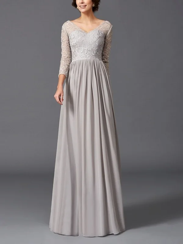 A-line Princess Ruffled V-neck 3/4-sleeve Floor-length Chiffon Maxi Dress