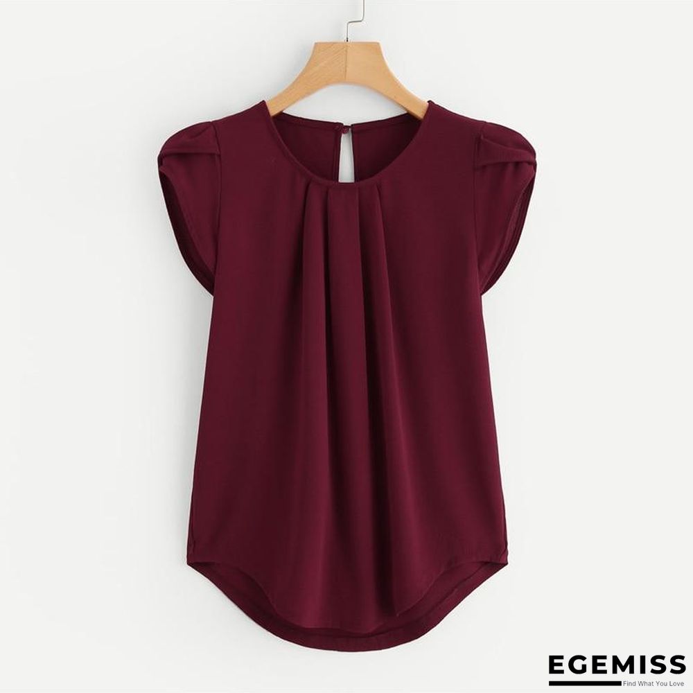 Burgundy Asymmetrical Blouse Petal Sleeve Pleated Detail Solid Short Sleeve Blouse | EGEMISS