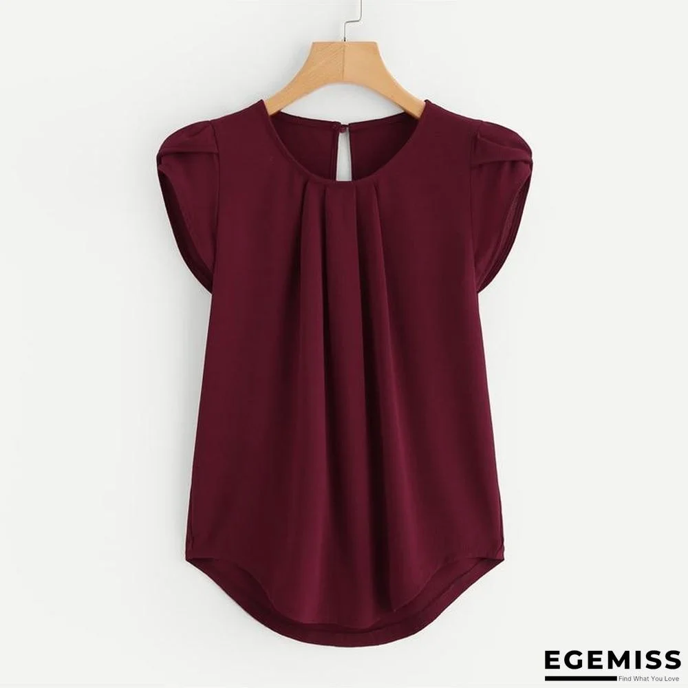 Burgundy Asymmetrical Blouse Petal Sleeve Pleated Detail Solid Short Sleeve Blouse | EGEMISS