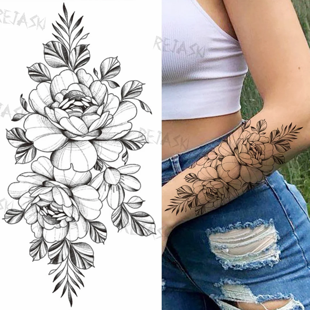 Sexy Snake Flower Fake Temporary Tattoo For Women Black Sunflower Tattoos Bloosom Big Daisy Camellia Water Transfer Tatoos Legs