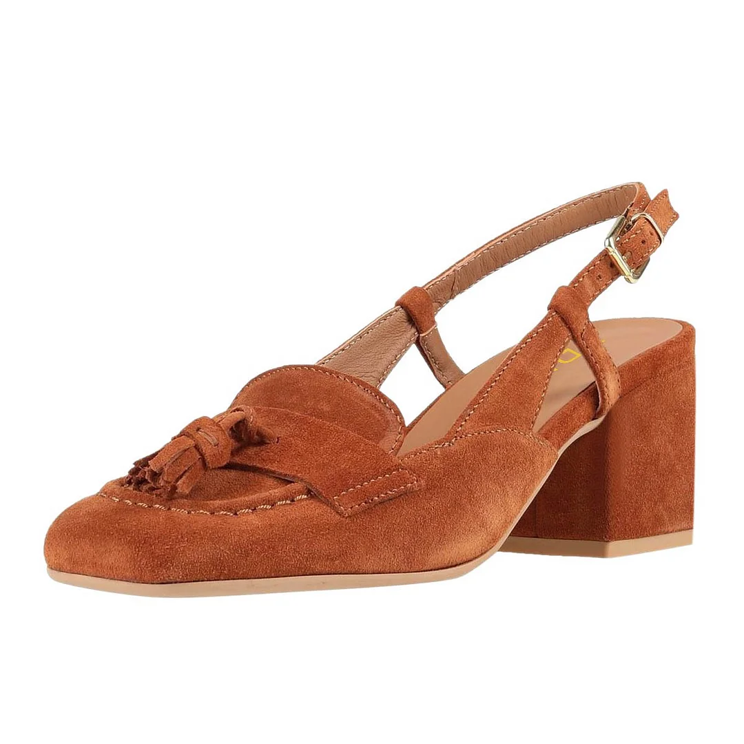 Women's Brown Square Toe Tassel Low Heel Pumps with Slingback