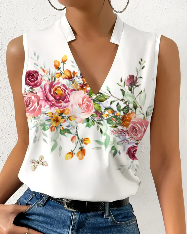 Casual V-neck Printed Vest Tank