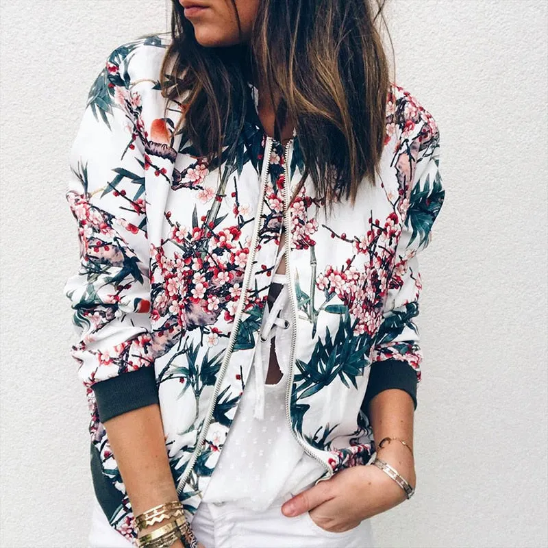 Women Jackets Retro Floral Printed Ladies Zipper Up Bomber Outwear Spring Long Sleeve Short Thin Slim Casual Pocket Biker Coats