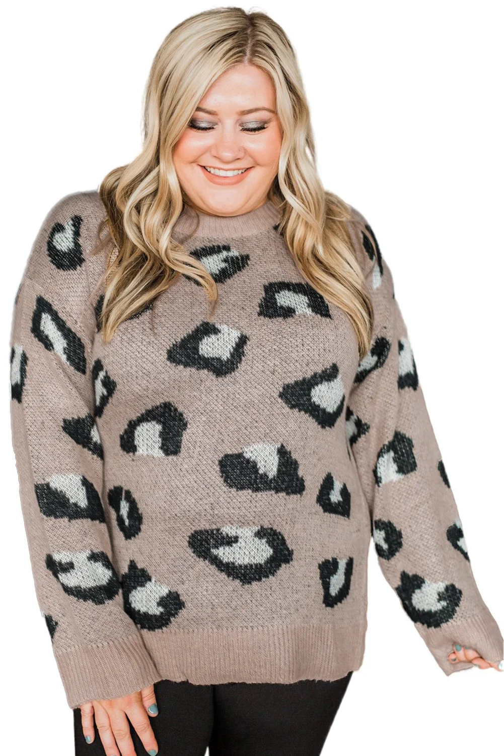 Leopard Crew Neck Knitted Plus Size Sweater