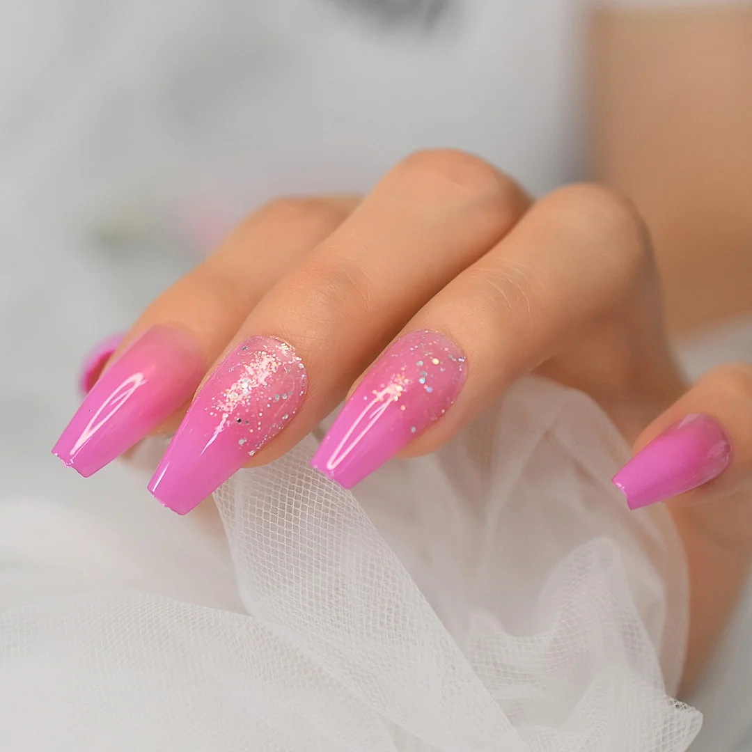 Press On Nails Medium Length Violet Glitter Coffin Ballerina Fake Nails Set Full Cover Gel False Nail Art Women Valse Nagels-Nail Inspo