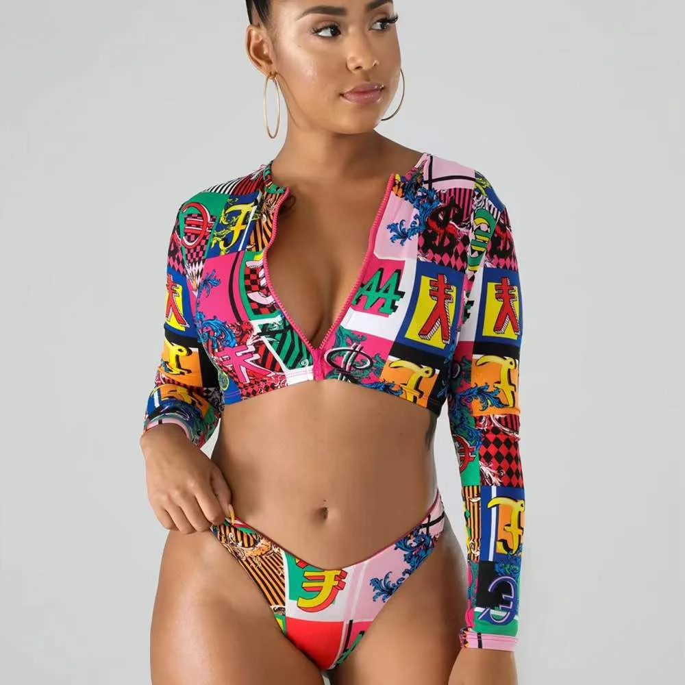 Mongw Mongw New Long Sleeve Zip Bikini High-Waisted Women's Split Swimsuit Conservative Sunscreen Beach Swimsuit