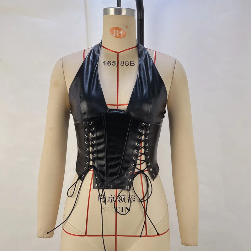Woherb Woherb Women's Fashion PU Leather Hanging Neck Sexy Straps Tight Waist Small Vest Women's Wear-Outfit Ideas