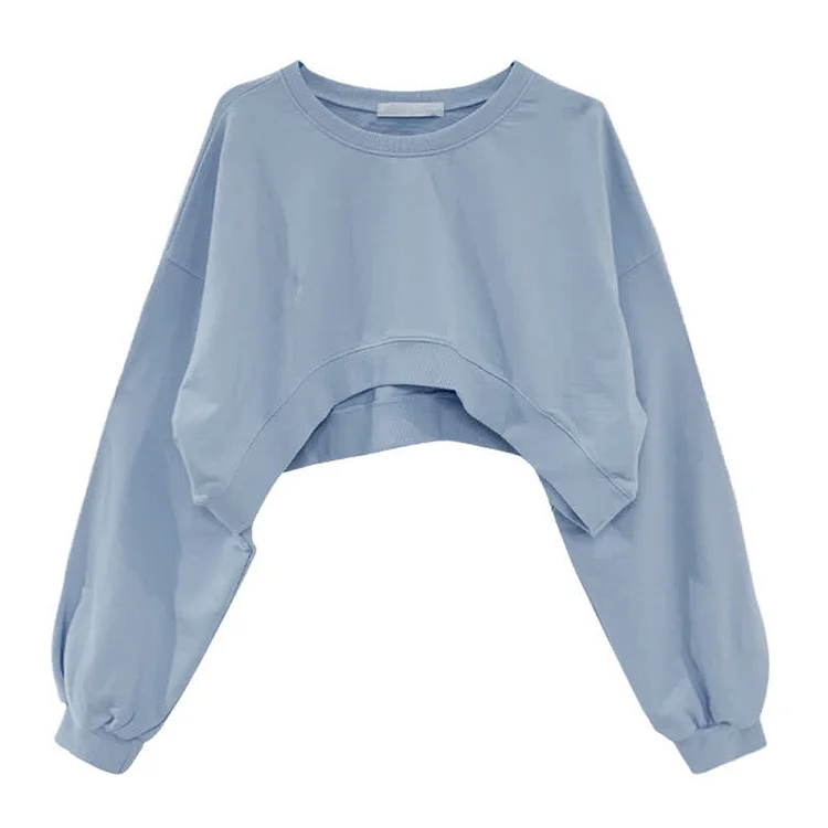 Pure Color Round Collar Loose Cropped Sweatshirt - Modakawa modakawa