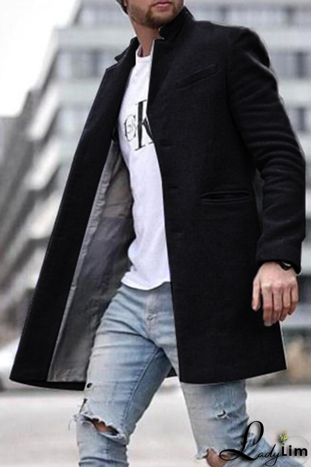 Black Fashion Solid Pocket Buckle Turndown Collar Outerwear