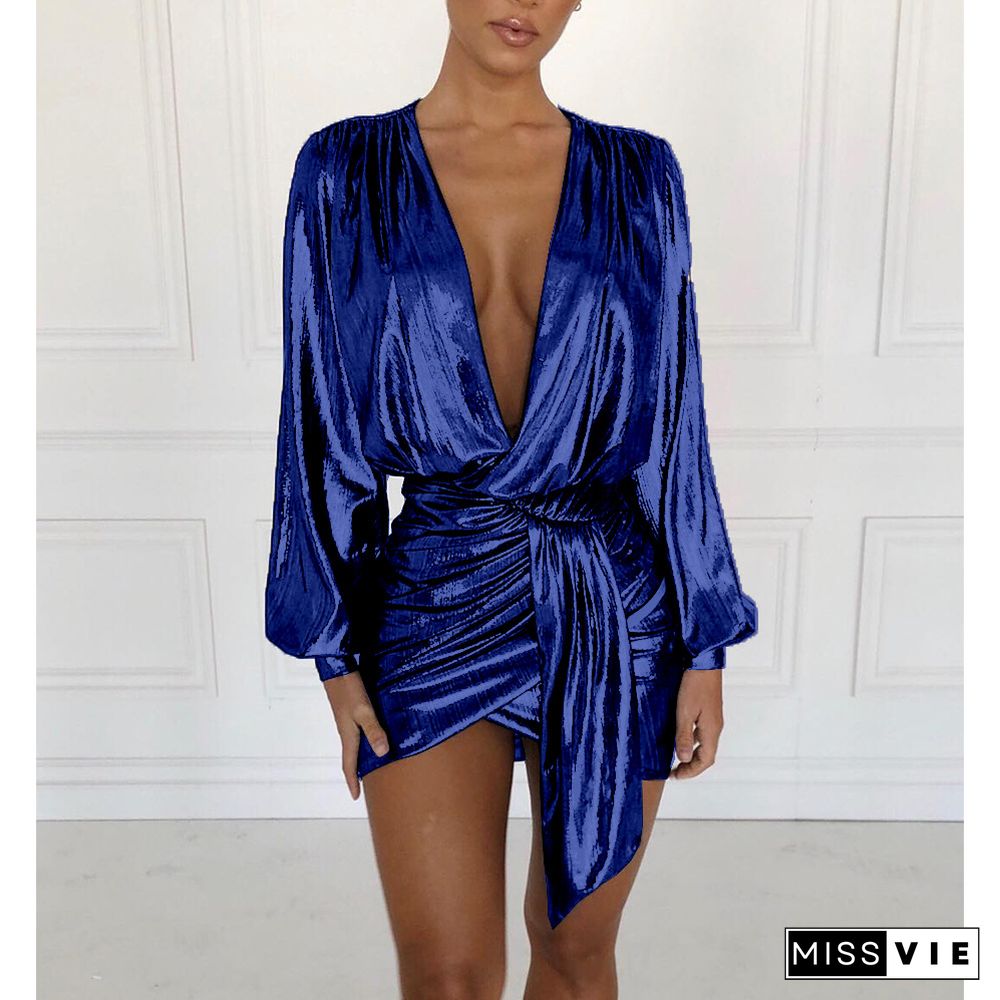 Gilding Deep V-neck Zipper Sexy Skirt Nightclub Dress